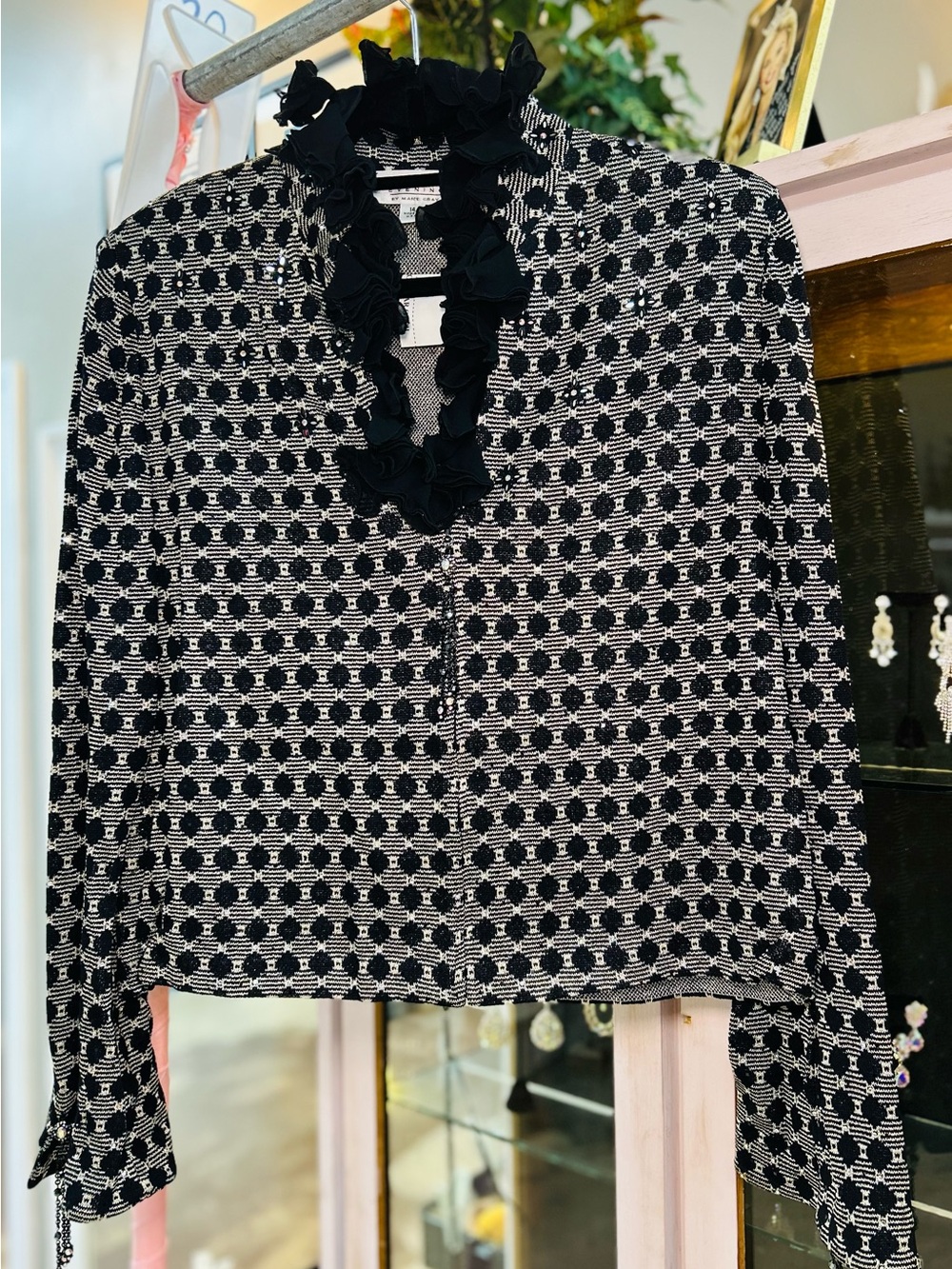 St. John Black & White Ruffle-Trim Patterned Blouse